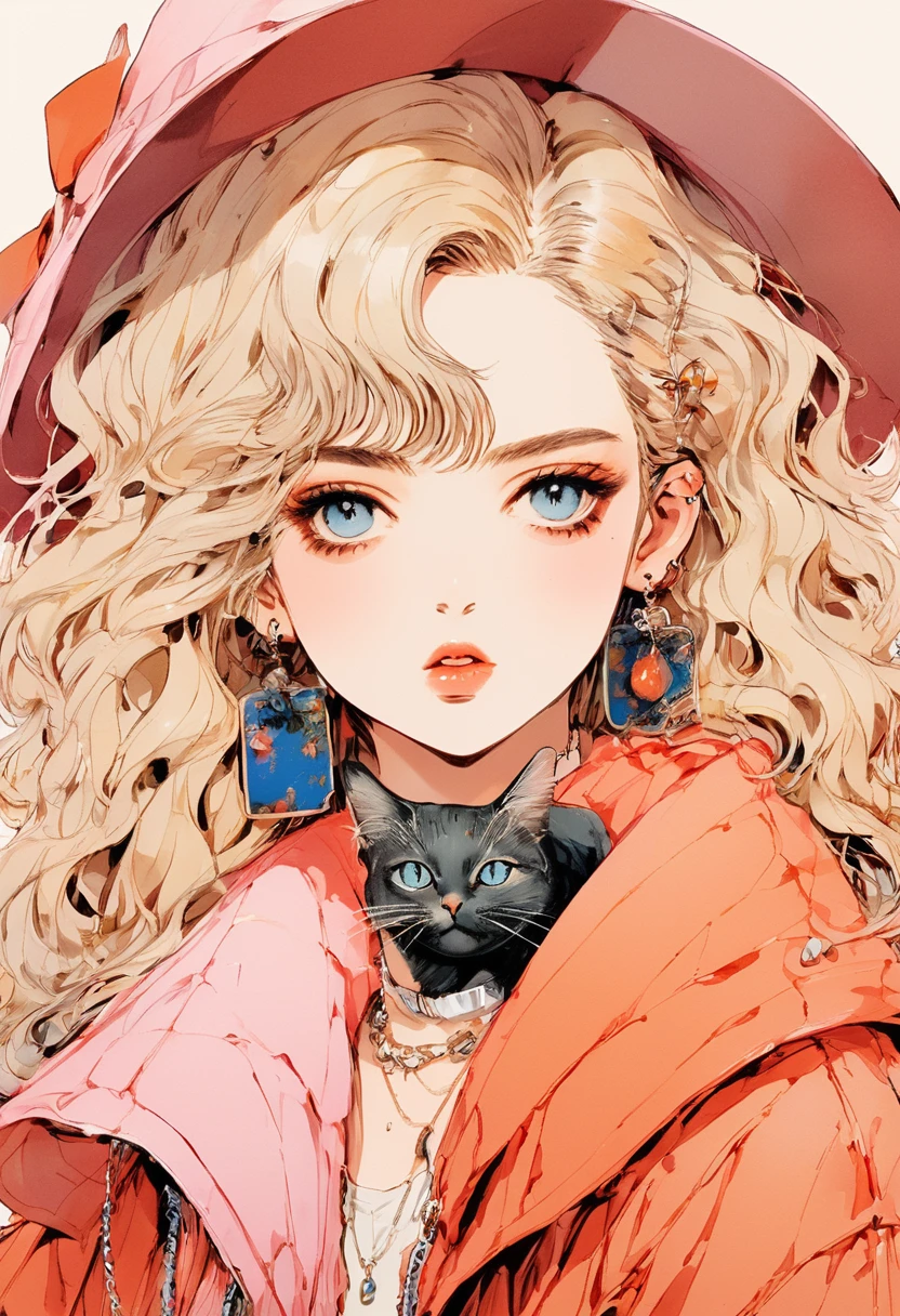 (Best Quality:0.8), (Best Quality:0.8), perfect illustration ,  portrait of a beautiful woman  、One personの***, bangs, black nail , blonde,  mouth, clavicle, ear  earrings with cups,  earrings with cups, Fashion G,  hair accessories, food, foodie,  jacket,  JEWELRY,  stares,  medium hair , Manicure, necklace,  earrings with cups,  short hair, autumn leaves、autumn,Drink coffee, Sleeping Beyond the Wrist, One person, There are stains on the double-sided baked ,  upper body, in, Pop Background、Droopy eyes、