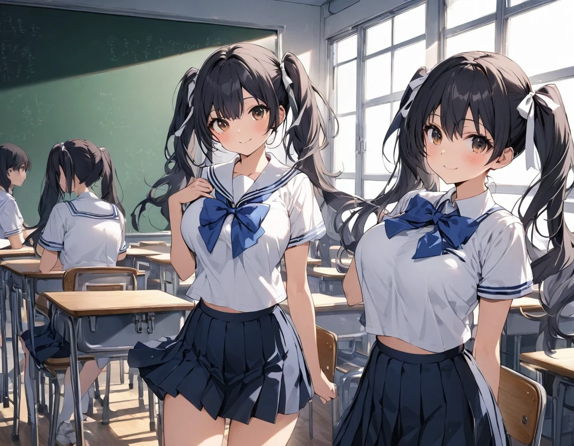 The background is a school classroom in front of a blackboard with desks, chairs, and windows arranged in the same direction, a dark blue high school girl with dark hair :1.3( twin tails:1.3)A dark blue high school girl with middle hair, brown eyes, large white ribbon breasts, and large :1.2 thick legs for summer(White collar:1.2)Short-sleeved white summer sailor suit :1.Navy blue wearing 3 :1. 3 high school girl in a dark blue pleated skirt and she is smiling happily surrounded by multiple classmates (My classmate is a silhouette expression :1.3)