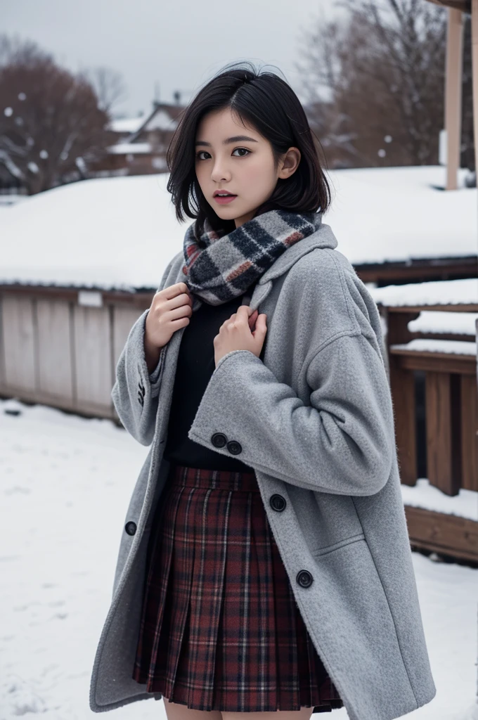 high quality, masterpiece,  super high resolution , (Realistic:1.4), Original photo, 1 Girl,  Japanese，Black Hair、Moody Tone, （ high contrast）、Hair swaying in the wind、Beautiful woman，２0 years old、whole bodyショット、 flared skirt 、 knee-length skirt 、cold、winter，Snow Scene，Snowfall，whitish fluffy coat， Red Check Wool Scarf ，Place your hands on your chest、Detailed depiction of the hand、 short hair、whole body、Red checked scarf、Don&#39;t look at me、Look away、Looking into the distance、（profile）、profile、Asahi、The sun is strong