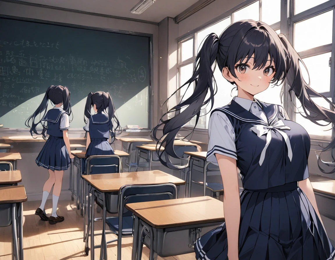 The background is a school classroom in front of a blackboard with desks, chairs, and windows arranged in the same direction, a dark blue high school girl with dark hair :1.3( twin tails:1.3)A dark blue high school girl with middle hair, brown eyes, large white ribbon breasts, and large :1.2 thick legs for summer(White collar:1.2)Short-sleeved white summer sailor suit :1.Navy blue wearing 3 :1. 3 high school girl in a dark blue pleated skirt and she is smiling happily surrounded by multiple classmates ((My classmate is a dark blue high school girl with a silhouette expression :1.3))