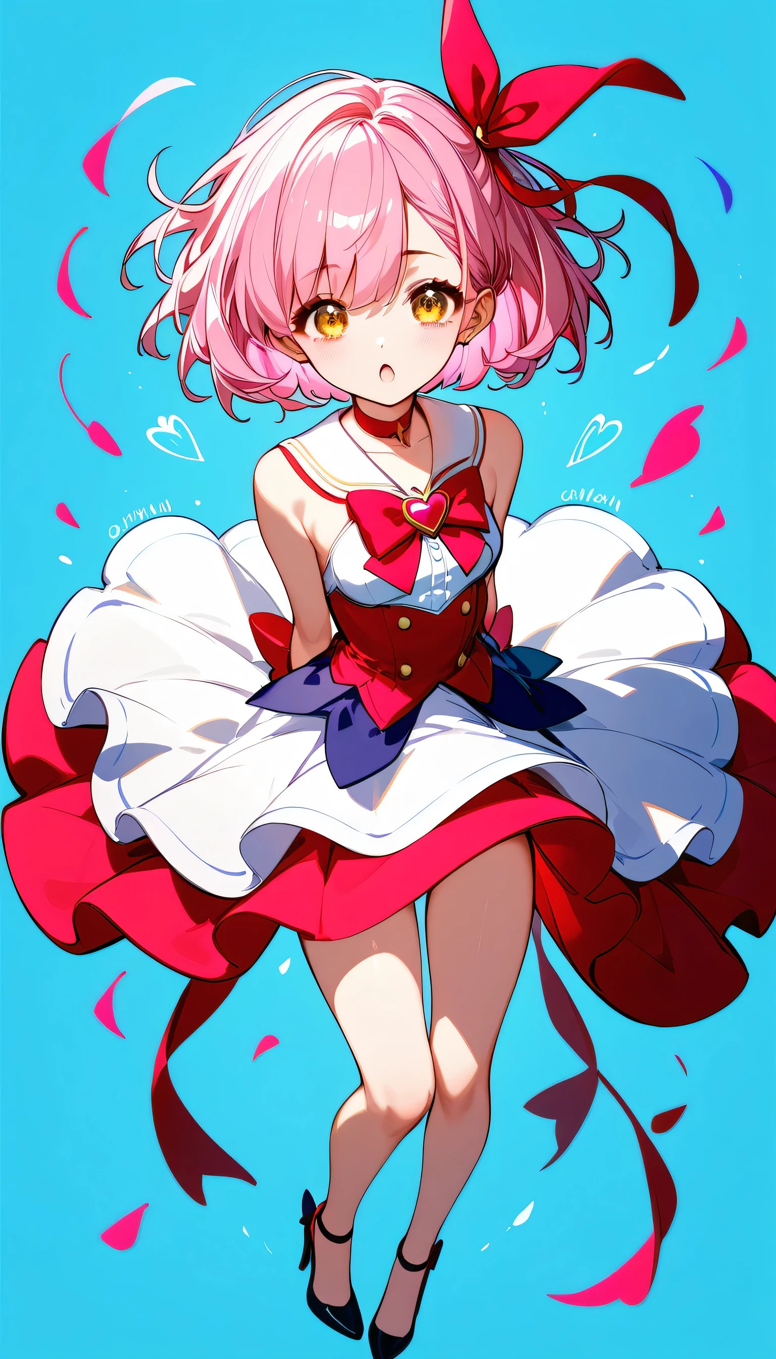 High image quality 、high quality、 one girl shaking her hips、 pink hair、 short hair、 golden eyes、Small breasts、 cleavage、 simple background、Fisheye Lens、Shooting from above、 The girl is looking at the camera、 face up 、Looking up、 High Heels 、Magical girl in white clothes、Big ribbon