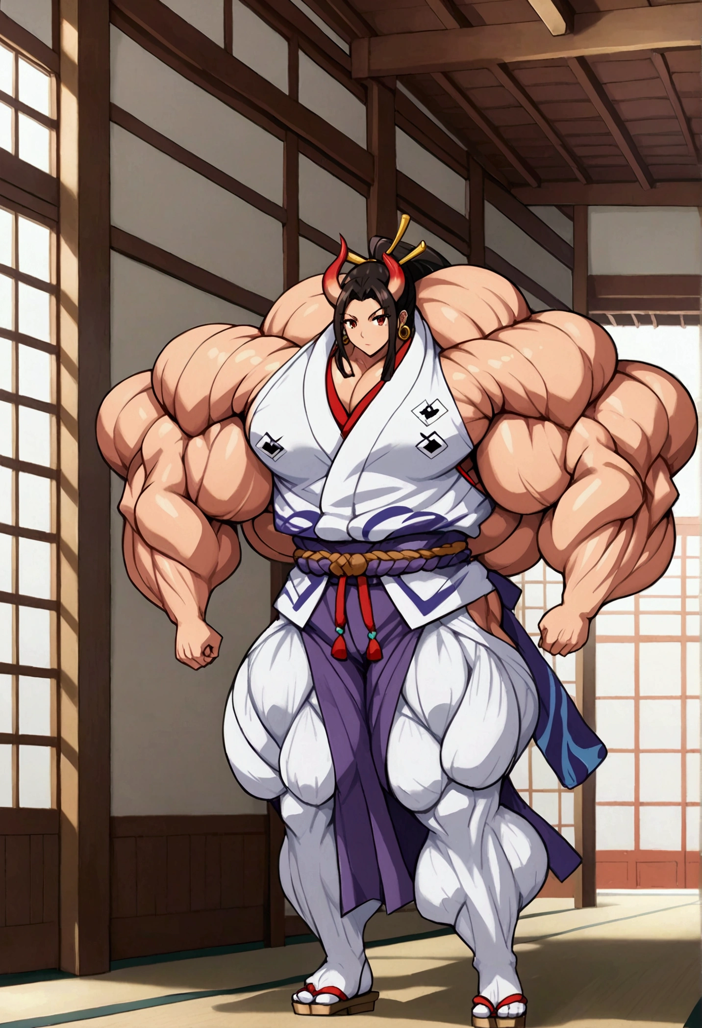 masterpiece, best quality), best resolution, yamato, red oni horns, earrings, hair stick, bare shoulders, japanese clothes, kimono, rope, sleeveless kimono, shimenawa, high ponytail, extreme muscular body, full body.