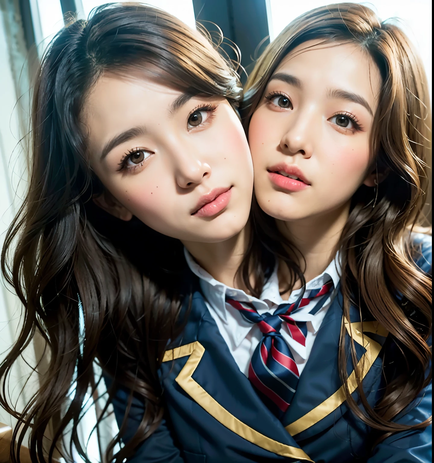 (UHD, masterpiece, anatomically correct, textured skin, super detail, best quality, highres, 8k, bloom, Front Light:1.2, perfect dynamic composition), (24-years-old, 1 person, Cute and sexy high school teacher, sexy face, long face, distant eyes, Gentle eyelids, thin eyebrows, Gentle corners of the eyes, Hawk-like nose:1.4, completely charm you, Eyes that feel erotic, A taste of beautiful eroticism, Too cute beauty), break, absurd, one person's perspective, ((White button-up shirt)), ((Navy blue formal jacket)), (enchanting smile:0.8), (look at the viewer), (long hair, Inward curled hair, bangs, smooth hair), (beige colored hair:1.2), (close up on chest: 1.3), ((very close relationship:1.4)), Medium chest, ((Place your hands on the table:1.2, Facing each other across the table:1.2)), ((in the school library)), (taken from above:1.2), Kitagawa Keiko.