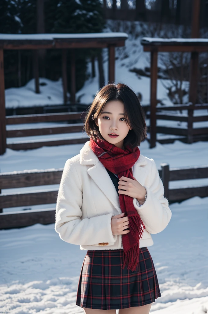 high quality, masterpiece,  super high resolution , (Realistic:1.4), Original photo, 1 Girl,  Japanese，Black Hair、Moody Tone, （ high contrast）、Hair swaying in the wind、Beautiful woman，２0 years old、whole bodyショット、 flared skirt 、 knee-length skirt 、cold、winter，Snow Scene，Snowfall，whitish fluffy coat， Red Check Wool Scarf ，Place your hands on your chest、Detailed depiction of the hand、 short hair、whole body、Red checked scarf、Don&#39;t look at me、Look away、Looking into the distance、（profile）、profile、Asahi、The sun is strong