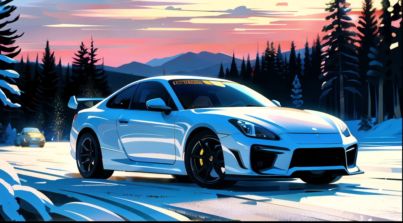  masterpiece ,The best quality,official art, wallpaper CG 8k extreme detail,illustration,light,tag, in winter,snow, beautiful detailed sky,forest,Road, outside,1car, (car:1), ground vehicle, Sports car, Nissan, GTR, skylineR34,usually,RX-7,Subaru,enterprise,WRX, Mitsubishi, to throw,Here,porsche,turbo, Silver wheels,vehicle focus,Need for speed,moving,wet,