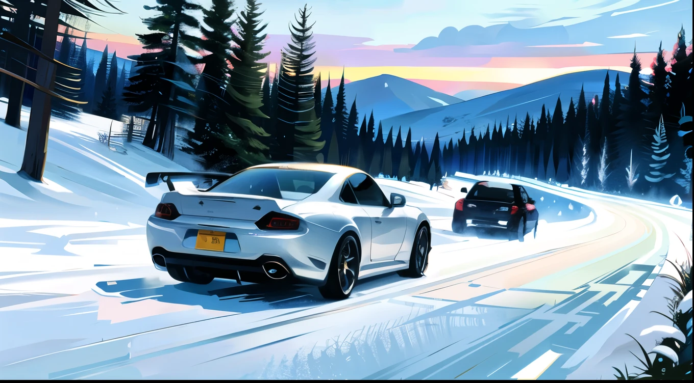  masterpiece ,The best quality,official art, wallpaper CG 8k extreme detail,illustration,light,tag, in winter,snow, beautiful detailed sky,forest,Road, outside,1car, (car:1), ground vehicle, Sports car, Nissan, GTR, skylineR34,usually,RX-7,Subaru,enterprise,WRX, Mitsubishi, to throw,Here,porsche,turbo, Silver wheels,vehicle focus,Need for speed,moving,wet,