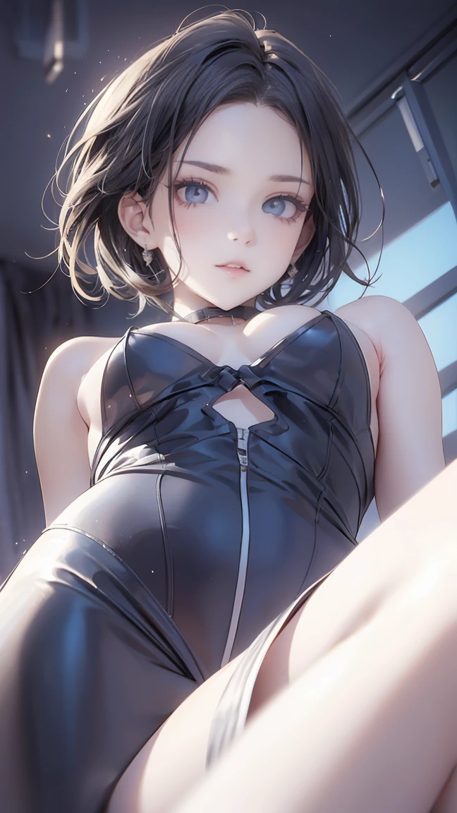 From below, Beautiful woman, Cool and sadistic, A lustful and lascivious face, Looking down with a cold gaze, compensate, Beautiful short hair, Large percentage, Tight Suit, Future Optics, (Super detailed, The perfect solution,  best quality :1.3), 2.5D, Delicate and dynamic, Shading Effects,  graphic CG digital art、Model pose