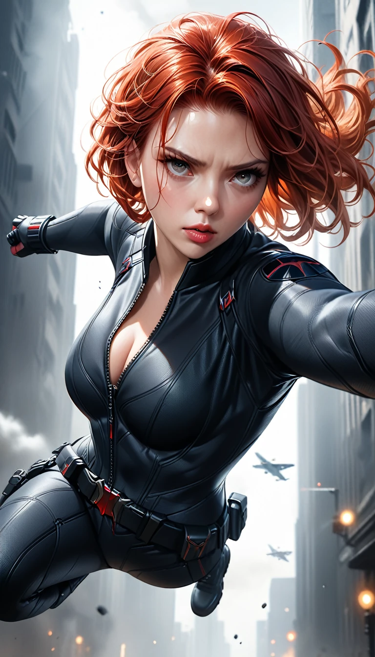 (ohwx), full body shot, scarlett Johansson as a Marvel's Black Widow, beautiful detailed eyes, beautiful detailed lips, extremely detailed face and skin, long eyelashes, red hair, black outfit, jumping from airplane on parachute, Goggles on face, free flight position in the air,  secret agent during mission, cinematic lighting, high contrast, dramatic shadows, dystopian atmosphere, masterpiece, (best quality,8k,highres,masterpiece:1.2),ultra-detailed,(realistic,photorealistic,photo-realistic:1.37),cinematic,dramatic,moody,dark,gritty,intense, Marvel_Black_Widow