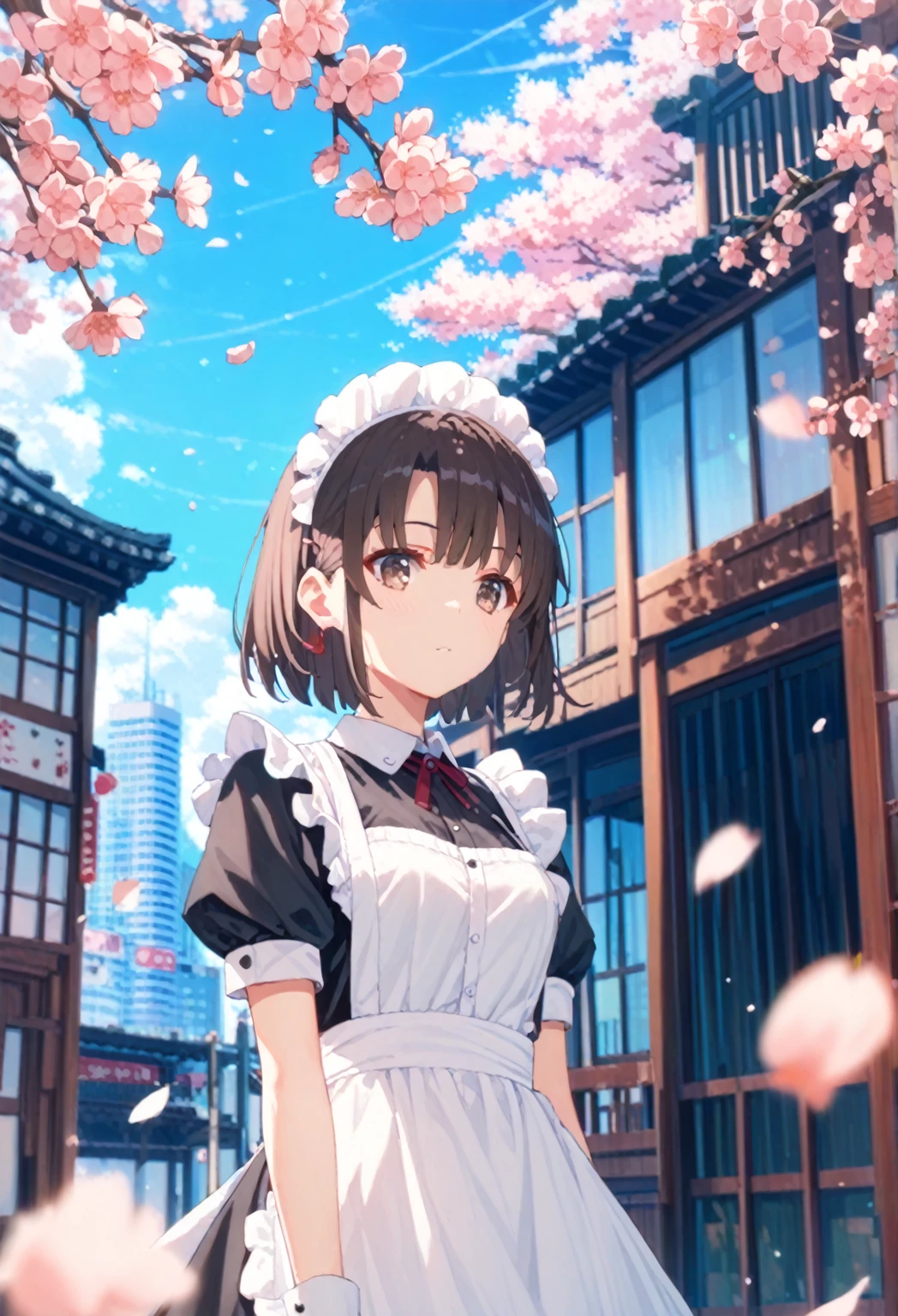 katou megumi, 1girl, solo, bangs, short hair, brown hair, brown eyes, black hair,maid dress,white apron, cherry blossoms,cityscape