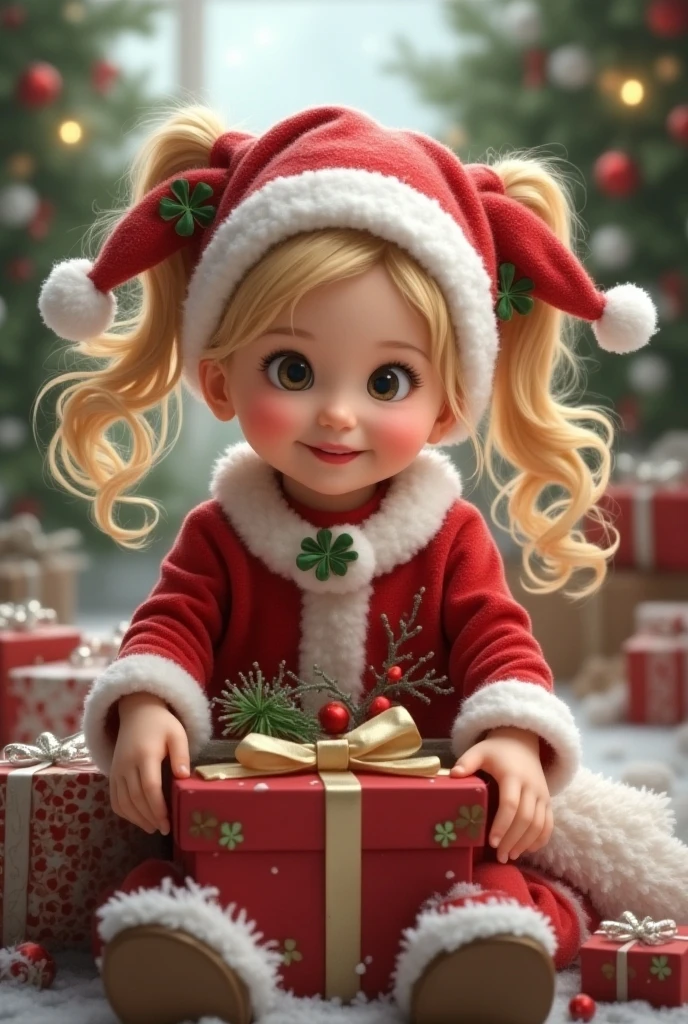 Generate an image of a young girl with long blonde hair styled in two pigtails, wearing a festive holiday outfit resembling Christmas attire. The outfit should be red and white with clover decorations. The girl is in a playful pose, interacting with a sleigh filled with presents. The background is filled with winter holiday elements like snow and decorations, creating a cheerful, festive atmosphere. The girl has large, expressive eyes and a joyful expression."