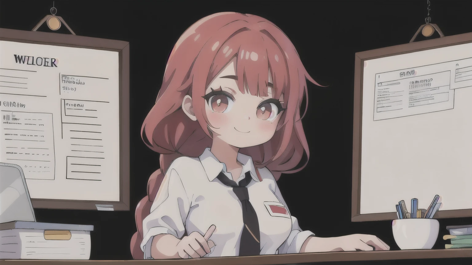 (masterpiece), (best quality),makima \(chainsaw man\), best quality, ultra detailed, 1girl, solo, standing, red hair, long braided hair, golden eyes, sexy, tied \(non-sexual\), bangs, large breasts, white shirt between open, loose tie on the plunging shirt fixed gaze, smile, (bad:1.2), looking at the viewer, (interview:1.3), (dark background, sitting in the office)