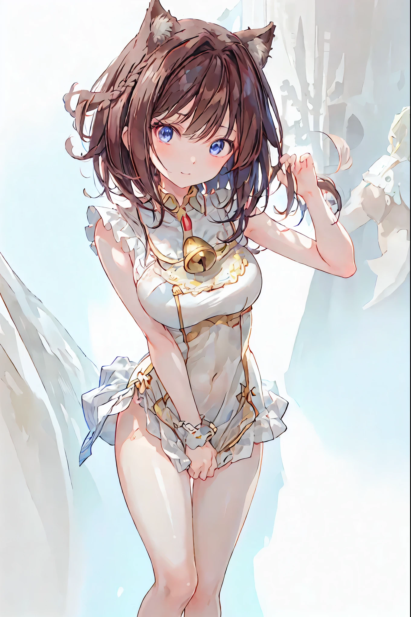 fantasy, 1angel_girl, loli,bwn_hair, medium_bob_hair, long_bangs, halo,bare_shoulder,thighhighs,silver_armor, waist_armor, large_breasts,angry,grinning,open_mouth_teeth, 1pair_wings, dynamic_pose_fighting,floating, bare_crotch, headgear,gauntlet, greaves,ocean_sky_background,slightly_spread_legs, solo, groin_naked,