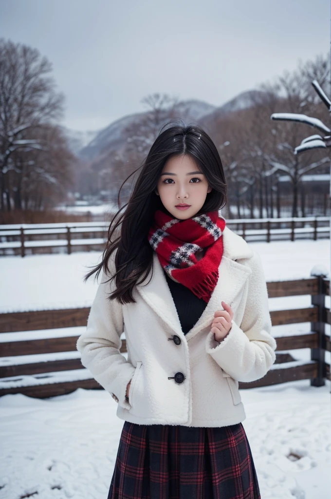 high quality, masterpiece,  super high resolution , (Realistic:1.4), Original photo, 1 Girl,  Japanese，Black Hair、Moody Tone, （ high contrast）、Hair swaying in the wind、Beautiful woman，２0 years old、whole bodyショット、 flared skirt 、 knee-length skirt 、cold、winter，Snow Scene，Snowfall，whitish fluffy coat， Red Check Wool Scarf ，Place your hands on your chest、Detailed depiction of the hand、 short hair、whole body、Red checked scarf、Don&#39;t look at me、Look away、Looking into the distance、（profile）、profile、Asahi、The sun is strong