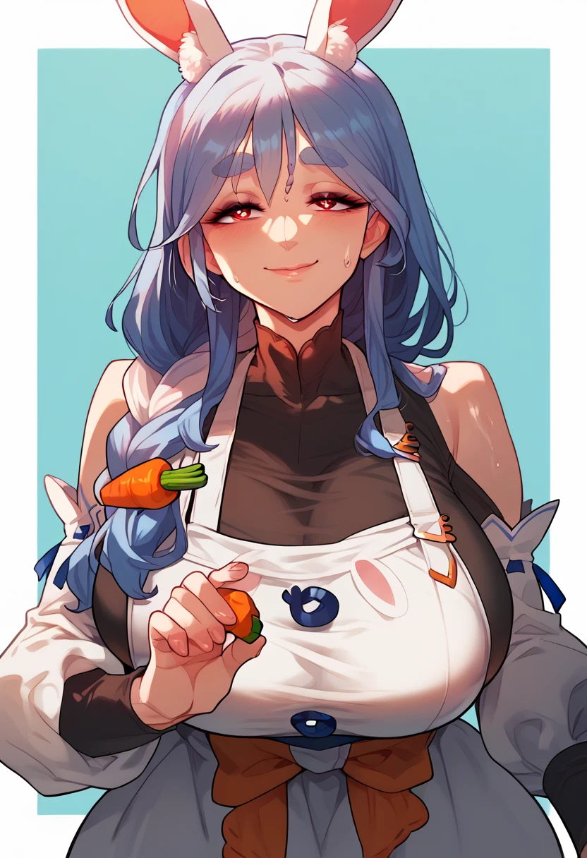 Hyper realistic, mother, milf, mature female, face, perfect lighting, perfect, sexy female, closed mouth,, huge breasts, sweat、smile、pekomamadef, thick eyebrows, bunny-shaped pupils, rabbit ears, animal ear fluff, apron, dress, detached sleeves, bow,  carrot hair ornament 、closed eyes