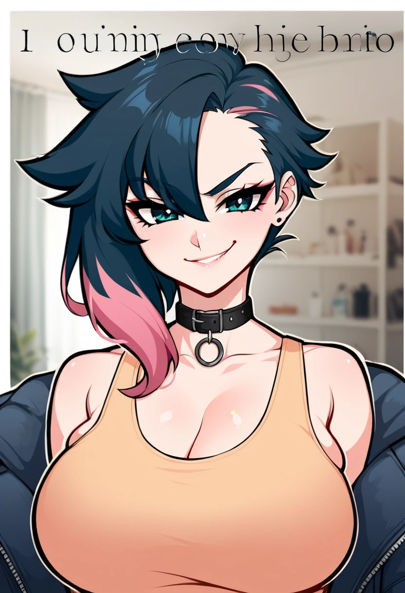 score_9, score_8_up, score_7_up, score_6_up, score_5_up, score_4_up, (pale skin female:1.3) , medium hair:1.0, ((asymmetrical hair:1.2, pastel color hair, multicolor hair, huge breasts, tank top, choker, collar, (expression seductive),(expression smirking), portrait photo, looking at you, (blushing :0.3)