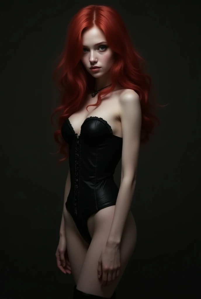 ((1 woman)) a black dress showing the legs, red long hair, curved horns, pale skin, black high heels, big breast ((bending down))