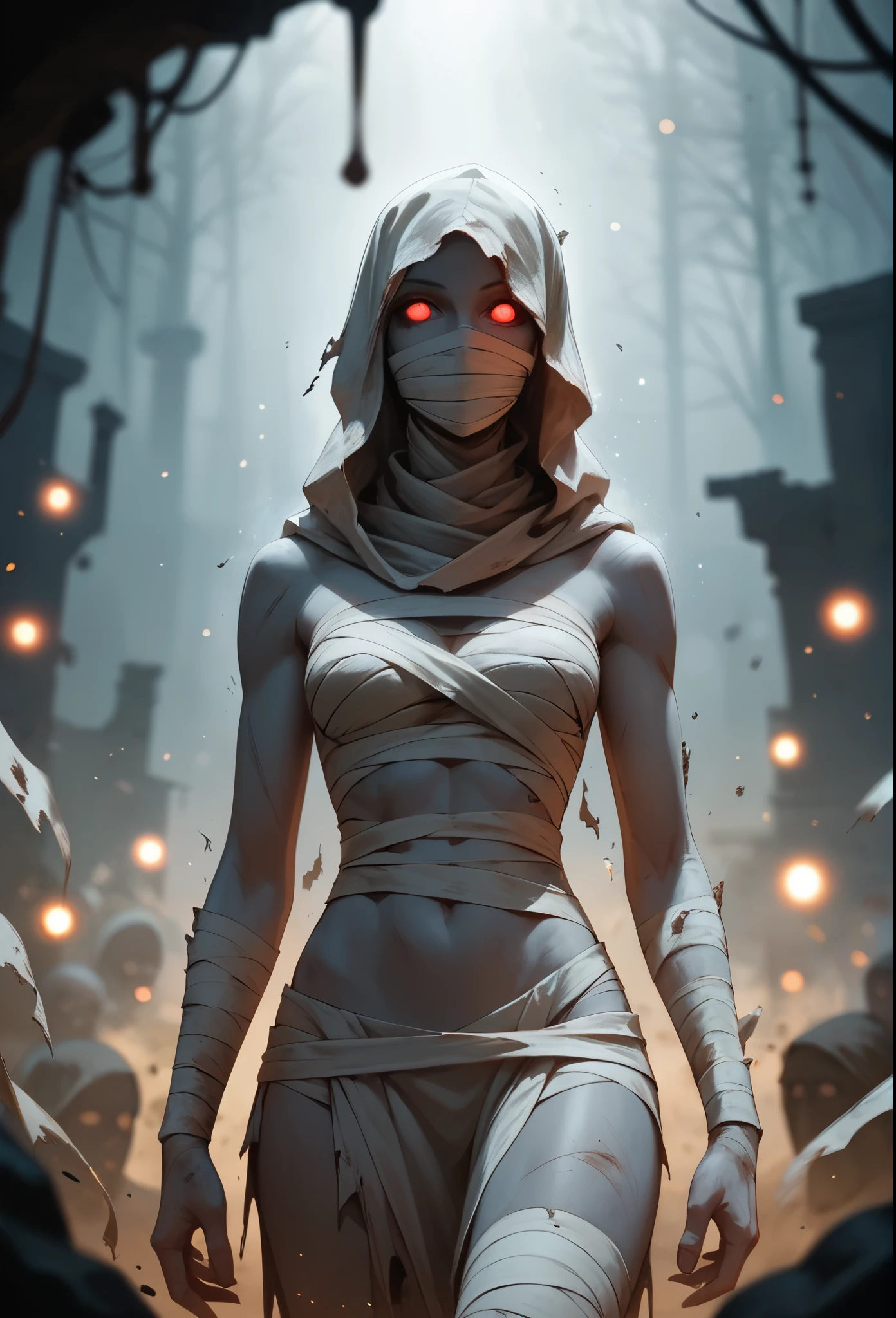 score_9, score_8_up, score_7_up, (masterpiece, UHD, 8K, 16K, ultra detailed), sfw, cowboy shot, 1woman, mummy, (gray skin), glowing red eyes, hollow eyes, tall, (skinny), mummy costume, gauze bandage, cloth, (covered body, covered mouth), horror vibe, dust, inside dark tomb background, dark fantasy, splash art, (depth of field), (bokeh), diffused light, dramatic ambient, low-key lighting 