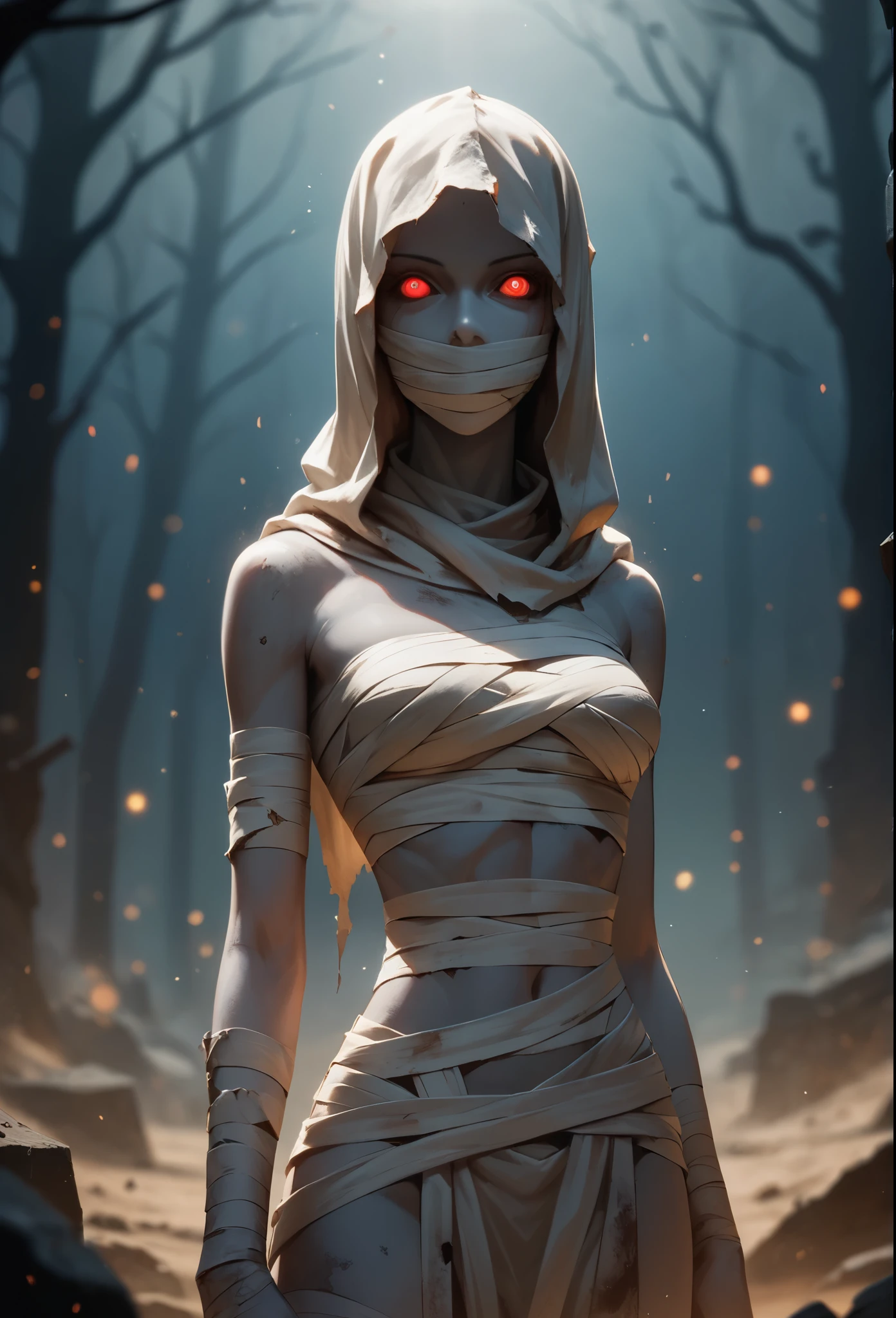 score_9, score_8_up, score_7_up, (masterpiece, UHD, 8K, 16K, ultra detailed), sfw, cowboy shot, 1woman, mummy, (gray skin), glowing red eyes, hollow eyes, tall, (skinny), mummy costume, gauze bandage, cloth, (covered body, covered mouth), horror vibe, dust, inside dark tomb background, dark fantasy, splash art, (depth of field), (bokeh), diffused light, dramatic ambient, low-key lighting 