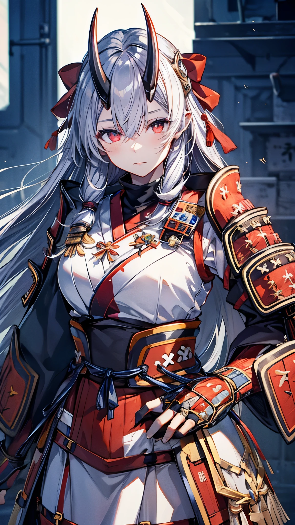 1girl, alone,A2nd, TomoeArmor, red eyes, (2horn),gray hair,long hair,red hair ribbon,(japanese armor:1.3),white armor,obi,masterpiece,Noise Reduction,perfect anatomy,high resolution, ultra-detailed, ultra-detailed face,game cg,dutch angle ,beautiful detailed eyes,visualart,five fingers, perfect hands, perfect lighting, sparkling pupils,