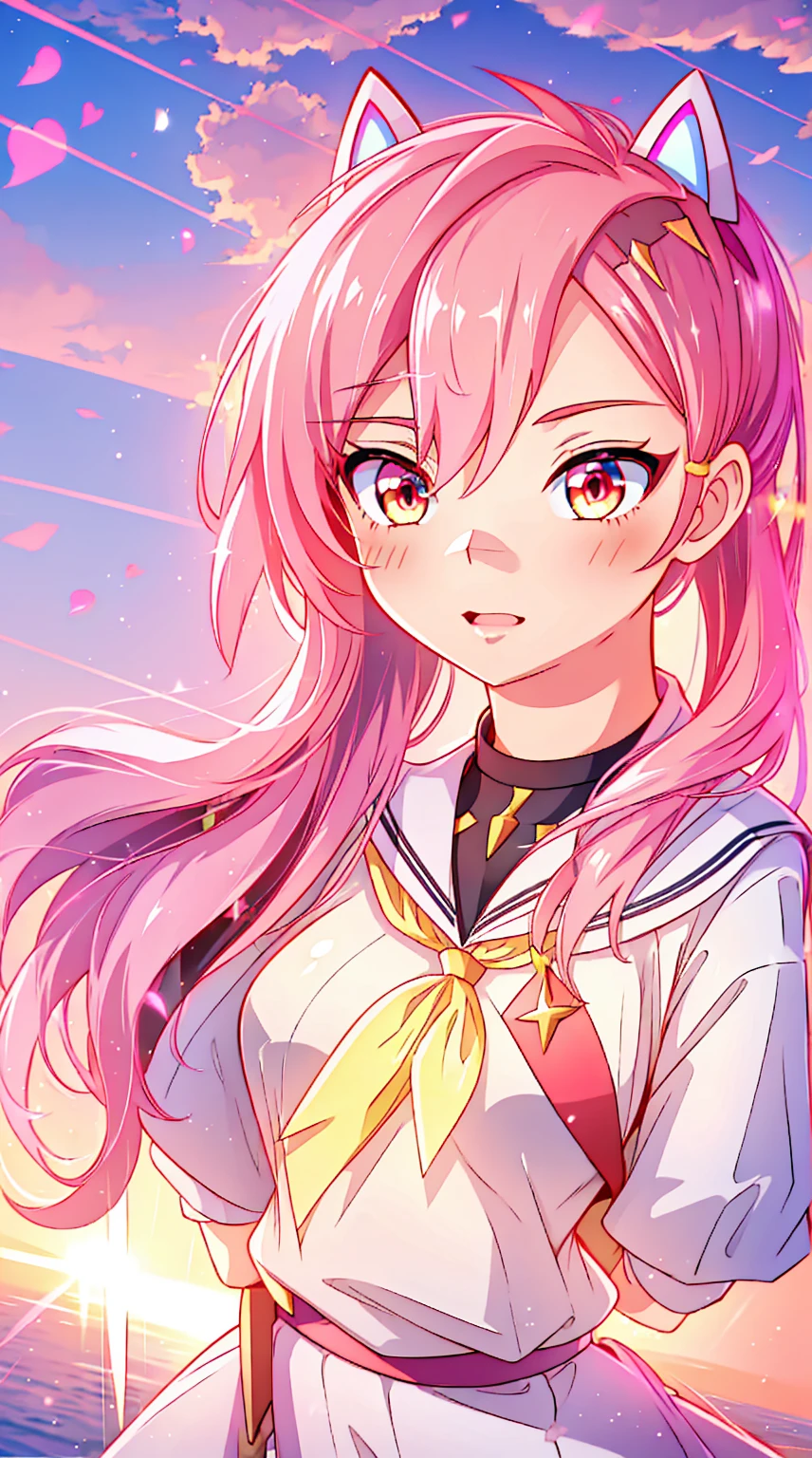 sunrise, skyline, sunrise, good quality shining golden and red eyes1 girl , long pink hair, she wears , very long hair, bright pink hair ,glowing eyes、( highest quality 、very detailed、cute、 ultra high resolution ) 、High-School-Uniform｛Sailor suit、red neckerchief、Short-sleeved、Faltenrock cat yers anime girl, about in a schoolgirl outfit showing her , shows her breasts naked , nake anime girl, about in a schoolgirl outfit showing her
