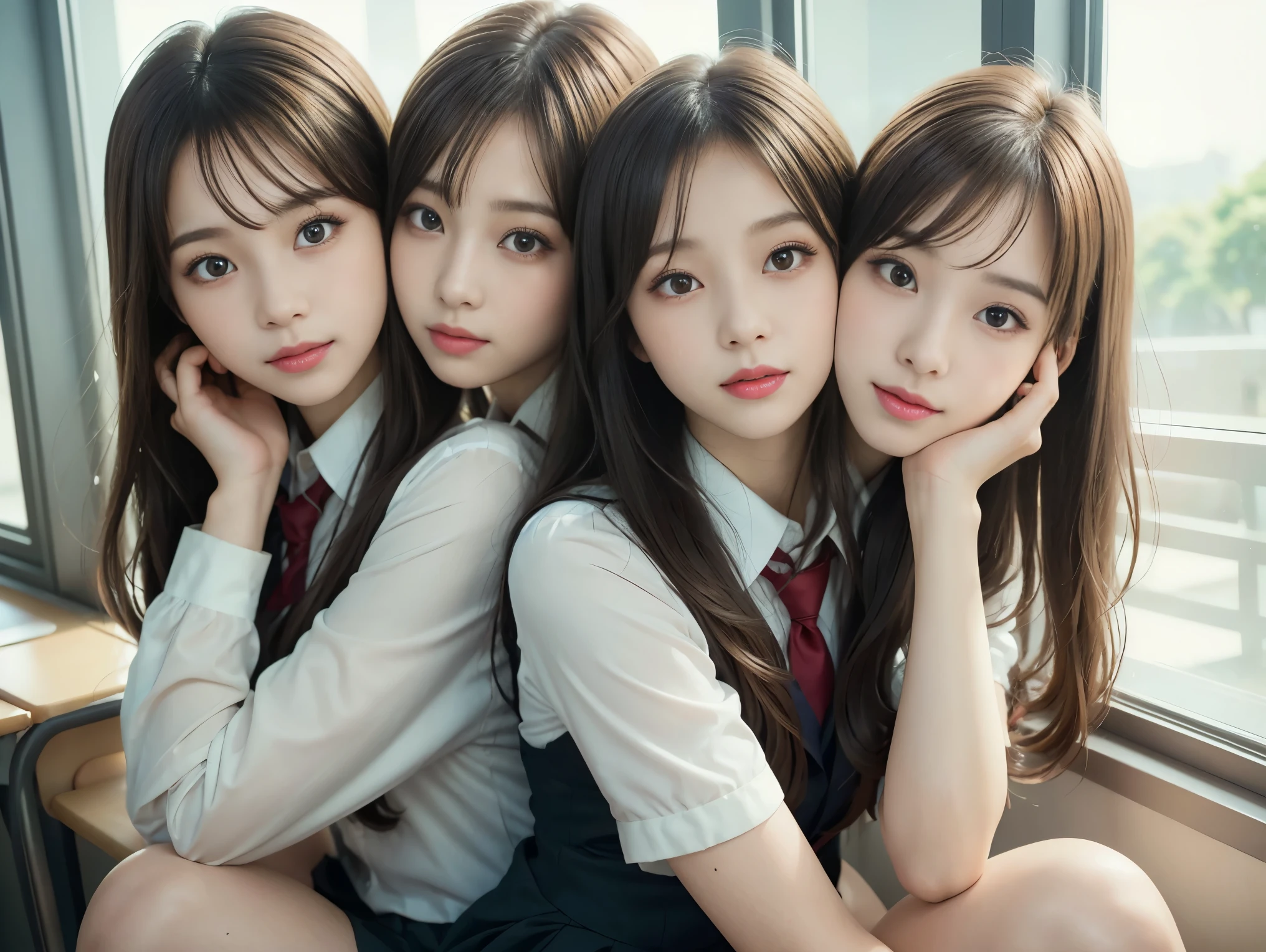 ((super high quality、High resolution、masterpiece、 Anatomically correct、Super detailed photos、Ultra-realistic photos、 Highest quality))、(2girls)、looking at viewer、((portrait))、(from below)、(huge breast)、Small waist、Detailed face、Perfect figure、Three high school girls close together、 Luxury hotel room with night view、Breast enlargement、((group photo))、((school uniform))