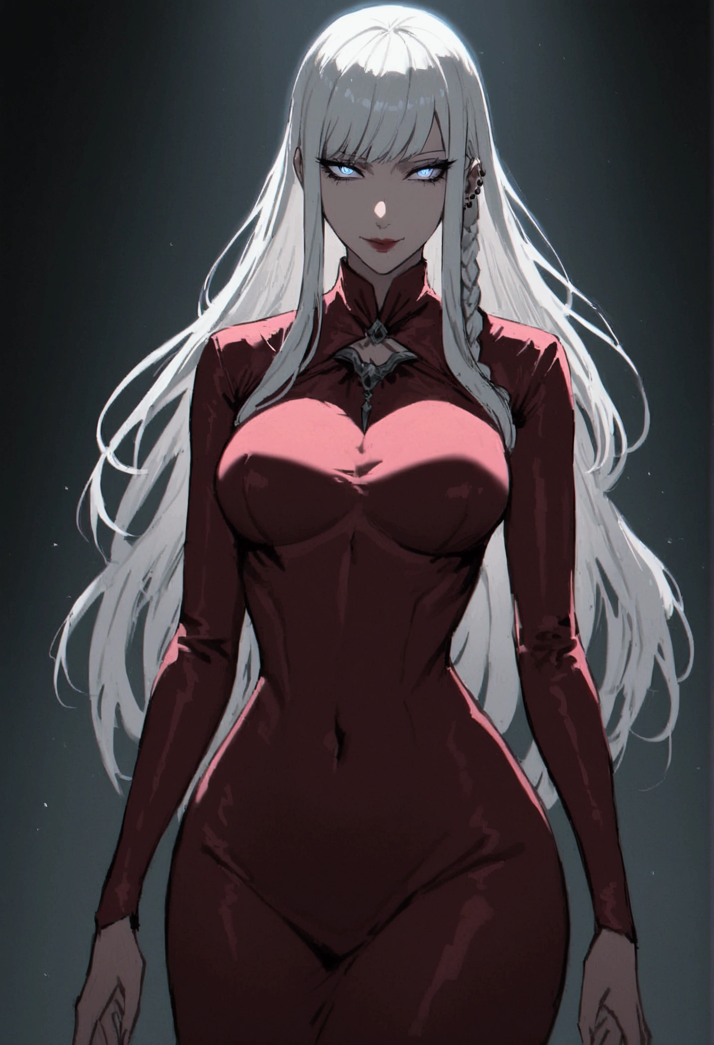 sexy cultist, woman, seductive smile, white hair, long hair, single braid, piercing light blue eyes,tall, imposing, beautiful, perfect, evil, goddess, cowboy shot,