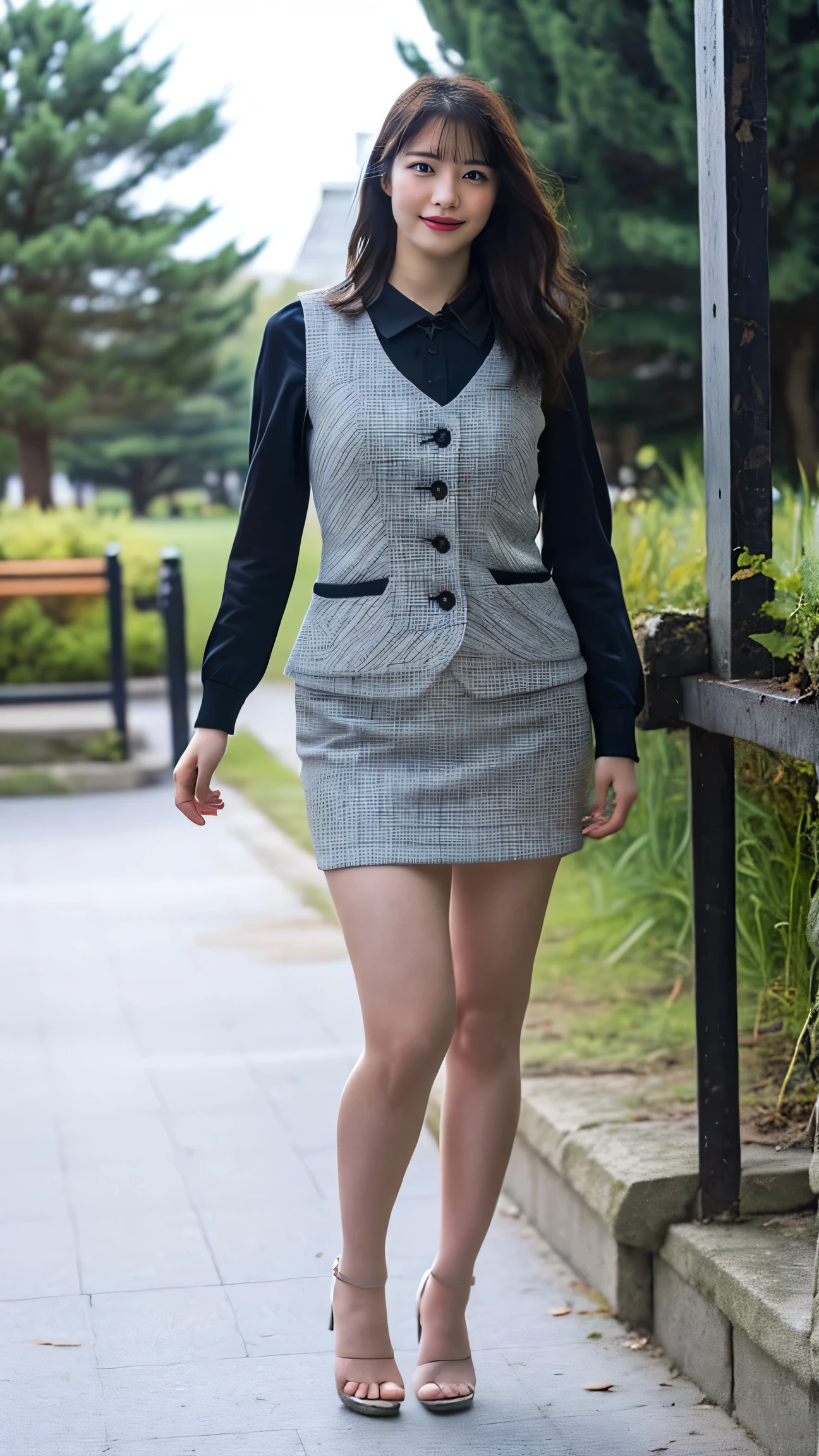 Ulchan-6500-v1.1, (RAW photo:1.2), (Photoreal), (genuine:1.4), 1girl、perfect anatomy、48 years old、look at the camera、medium long hair、Plaid vest、((walk in the park:1.1))、(super realistic pantyhose:1.2), (high heels)、(business services)、((full body shot:1.2))、(very affectionate smile:1.2)、peeing self, wetting her clothes, can't hold her pee face, wetting herself desperate, pee desperation pose, her body can't hold her pee and wets herself ultra desperate in the middle of the cicty in absolute desperaton wetting herself, pee runing down her legs, standing up, hyper pee desperate face, big pee pudle