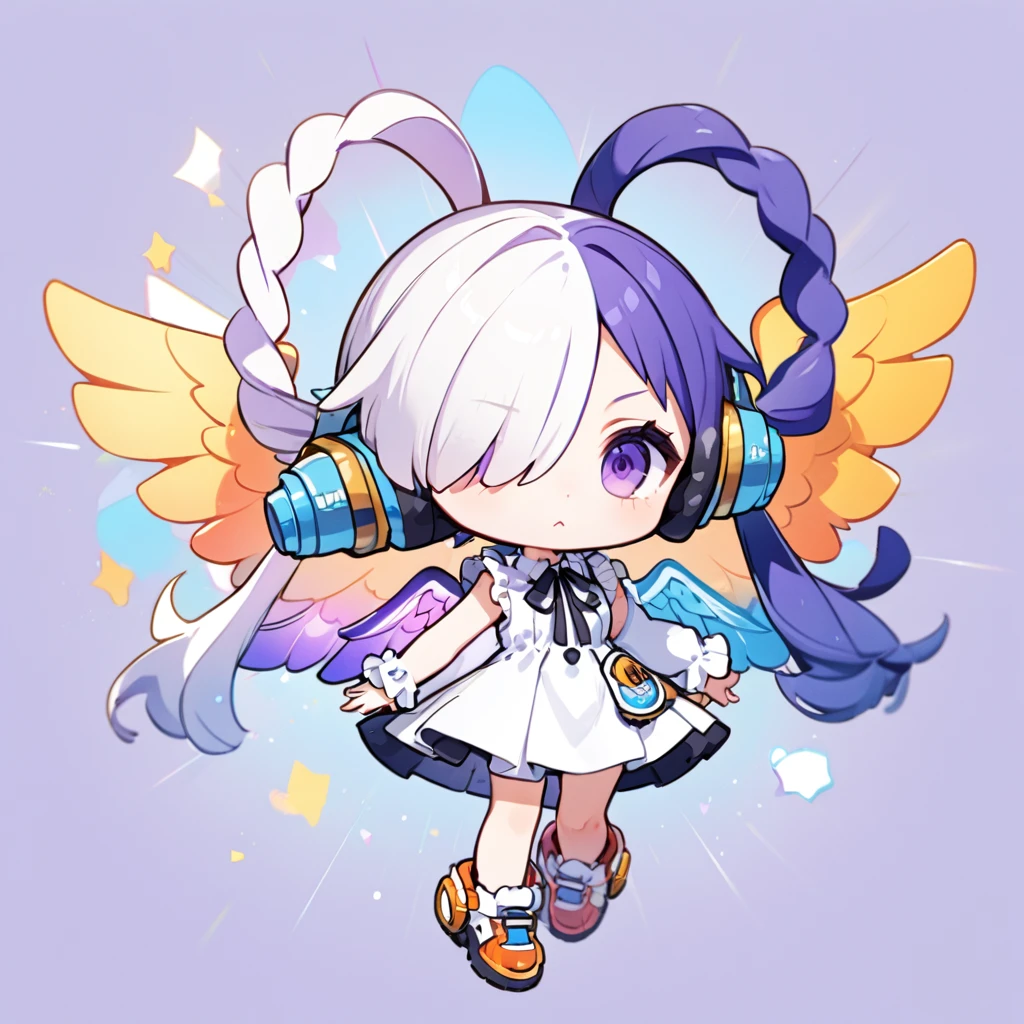 ultra-small deformation, Chibi Cute, 1girl, solo, full body, Uta, purple eyes, long hair, split-color hair, hair over one eye, hair rings, headphones, white dress, frills, neck ribbon, single sleeve, long sleeve, multicolored wings