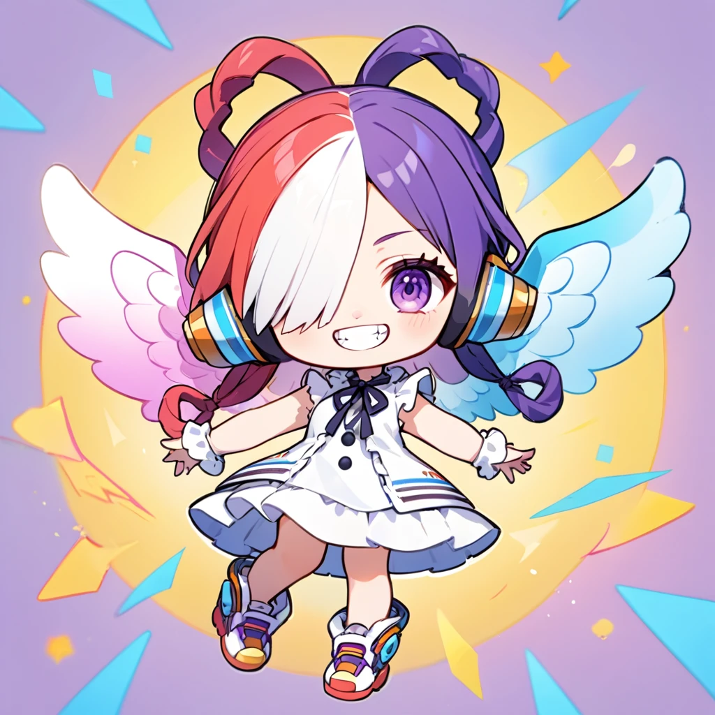 ultra-small deformation, Chibi Cute, 1girl, solo, full body, Uta, purple eyes, long hair, split-color hair, hair over one eye, hair rings, headphones, white dress, frills, neck ribbon, single sleeve, long sleeve, grin, multicolored wings