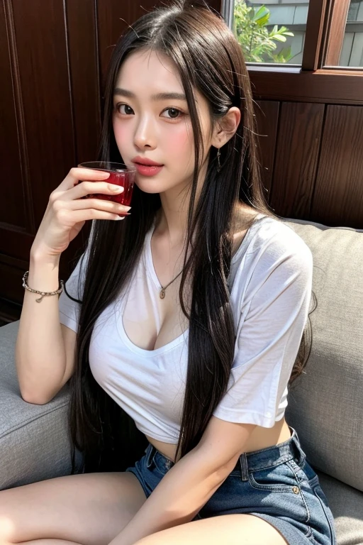 8K, HDR, Realistic, high resolution, 1women, solo, hips up, look at viewer, hands on breast, (detailed face), modelling, brunette hair, long hair, loose oversized shirt, jewelry, belly tattoo, seductive smile, seductive flirty looks,sitting on her knees, drinking fruit juice