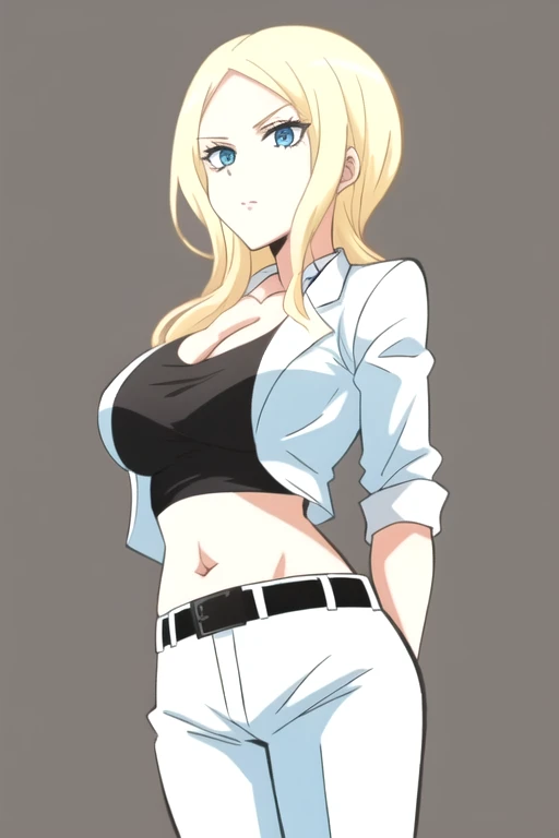 best quality,ultra high res, 1girl,IrinaJelaviÄR4,blonde hair, blue eyes, simple background, midriff, belly button, belt, black undershirt, white suit, button up, 