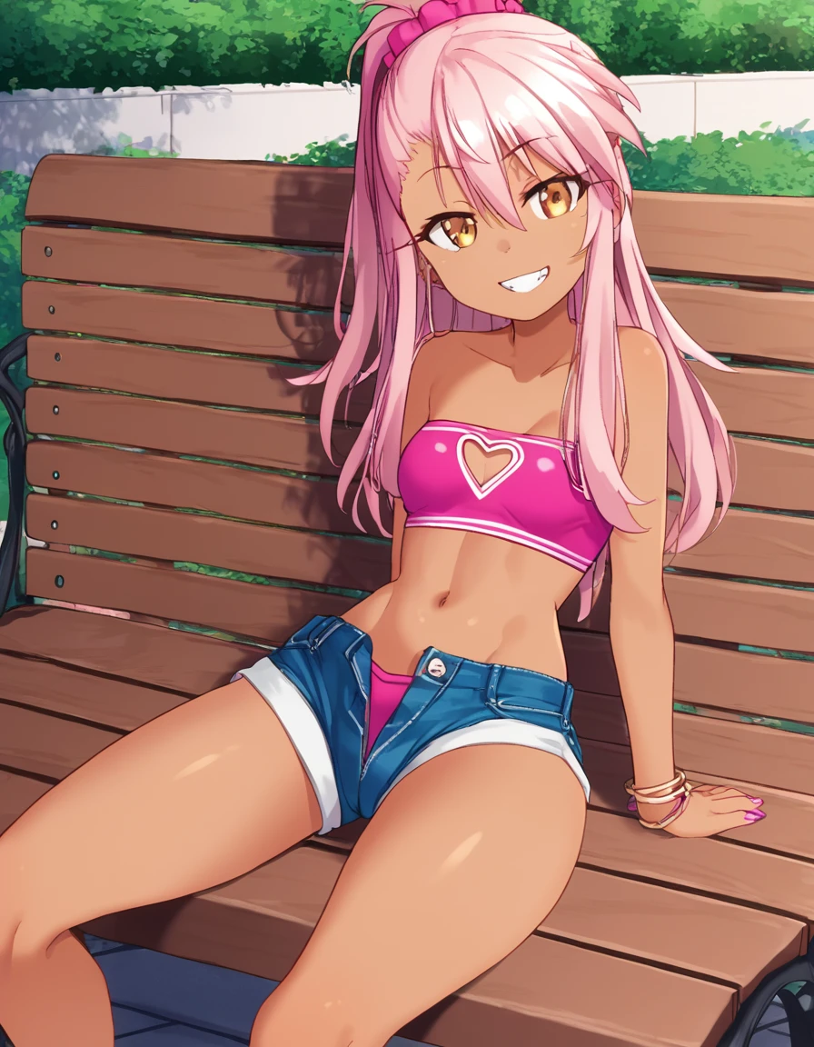 1girl,solo,smile,outdoor,midriff, pink tube top, denim hotpants, open fly, beld, gyaru clothes, thighighs,sitting,bench, chloe,dark_skinned_female,dark_skin,long_hair,pink_hair,yellow_eyes,hair_between_eyes,white_hair,bangs,small_breasts,,half_updo,one_side_up, young girl, **li, (takeda hiromitsu), slender waist, nice hips, slut