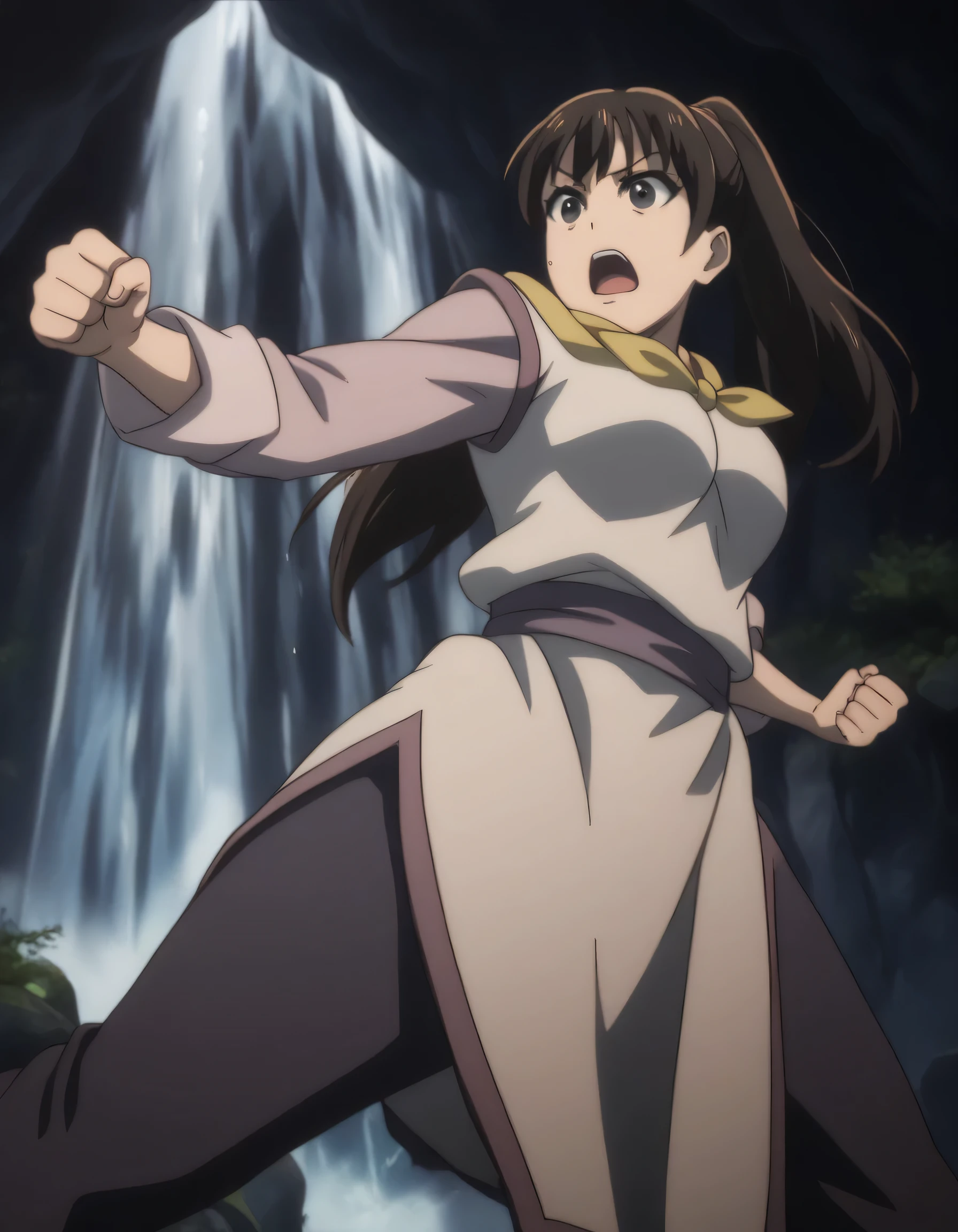 score_9, score_8_up, score_7_up, gsfghtr, multicolored robe, neckerchief, 1girl, bright, best lighting, (kick high up), shout, waterfall, from below