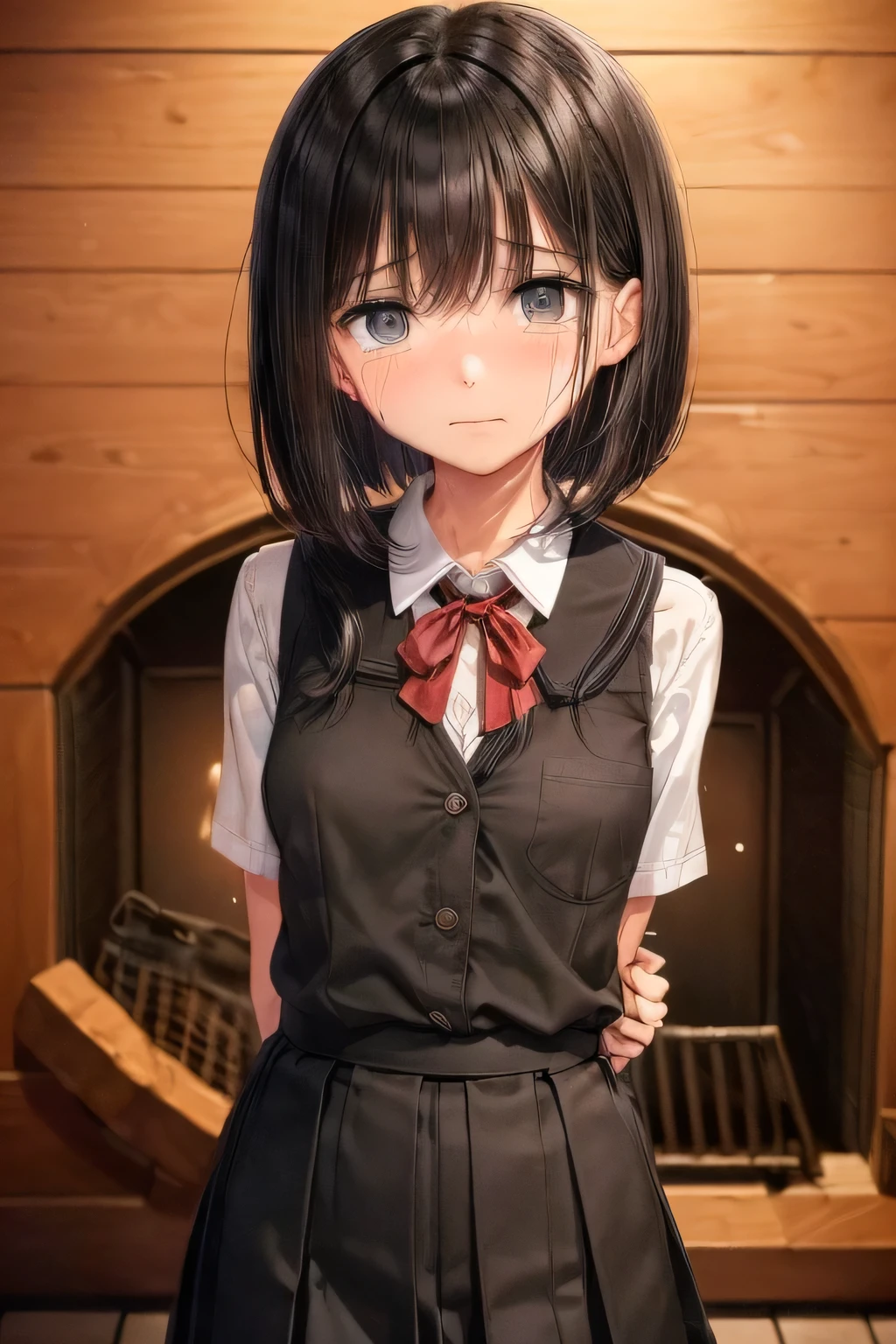 (masterpiece, Best Quality, 8K,Raw photo, High resolution:1.5), (1 girl, looking at viewer, upper body:1.8), (seiza on the floor, arms behind back, a girl is crying:1.8), (crying, sobbing, tearing, tearful, full-face blush, embarrassed, shyness:1.9), (night, indoor, moon light, mountain Log cabin, blockhouse japanese bedding futon, fireplace in darkness, snow mountain view:1.8), (Candid, Sophisticated, Thin arms, Narrow waist, Slim body, Slender girl:1.5), (Bokeh:1.7), (cleavage, small breasts, covered nipples:1.5), Beauty, (Unbuttoned shirt, naked open shirt, school uniform with red ribbon, short sleeve shirt, Pleated miniskirt, chained slave metal collar, handcuffed hands:1.6), (black short hair, brilliant eyes, black eyes:1.8)