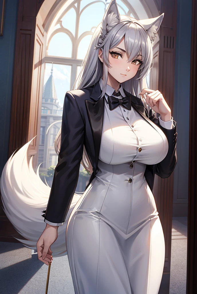 A female wolf dressed as a man
well-groomed squire tuxedo
beautiful mansion
Beautiful silver body hair
soft tail
large breasts