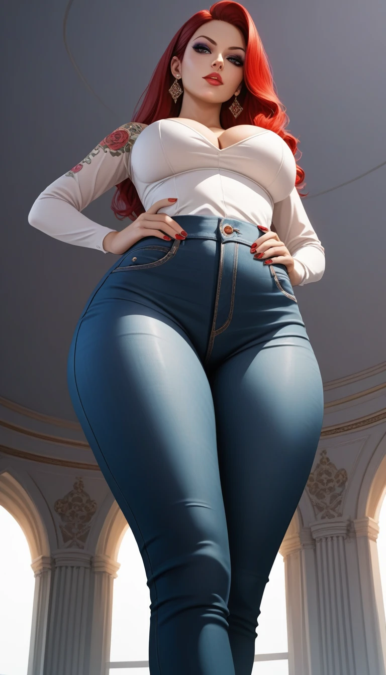 score_9_below, score_8_below, score_7_below, Madame Yakuza, with big breasts slim body,  wearing a white blouse and tight jeans, hands around waist , Long and red hair, (tight black jeans :1.2),makeup, thick thighs,tattoo,Authoritarian,standing straight,  looking at the viewer, seductive_pose, vista inferior , only humiliates, high resolution,perfect anatomy