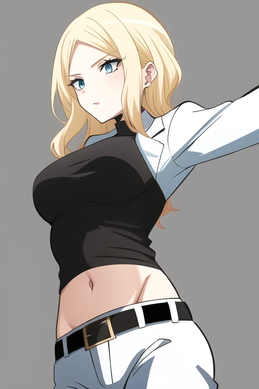 best quality,ultra high res, 1girl,IrinaJelaviÄR4,blonde hair, blue eyes, simple background, midriff, belly button, belt, black undershirt, white suit, both arms up, stretching, 