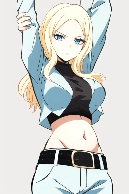 best quality,ultra high res, 1girl,IrinaJelaviÄR4,blonde hair, blue eyes, simple background, midriff, belly button, belt, black undershirt, white suit, both arms up, stretching, 