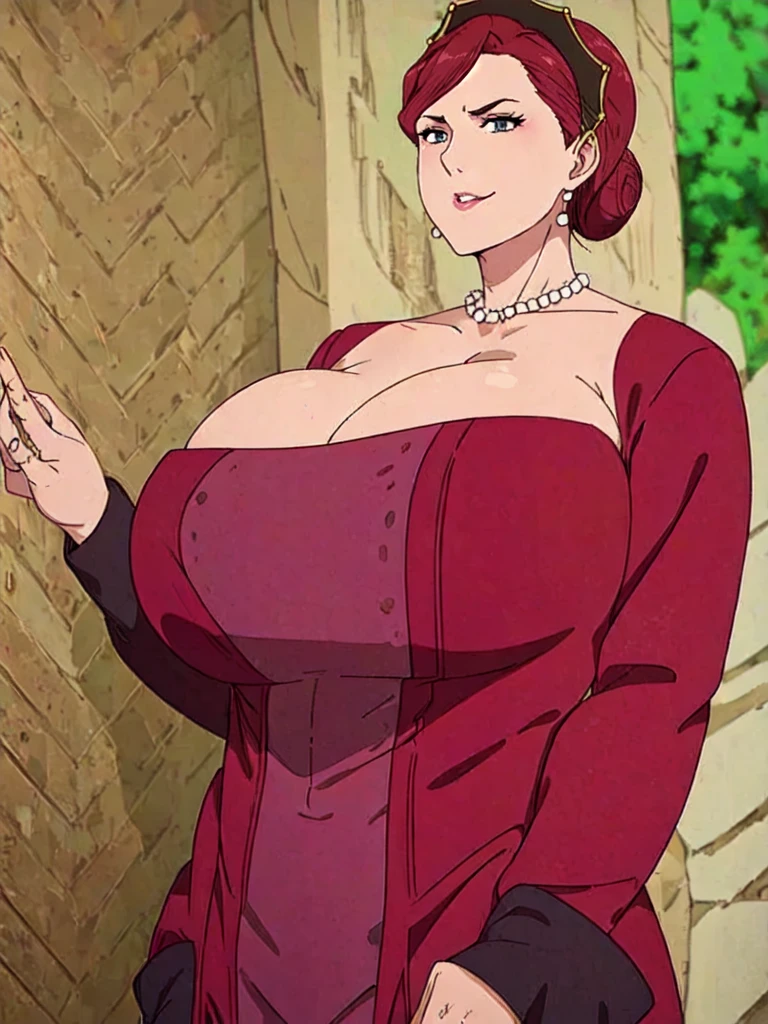 ((Farmer outfit with cleavage)), maroon hair, Gilf, busty, huge, cleavage, detailed, upperbody, wringkle skin,Sagging breast,Fullbody view,wedding ring,Smile,((Wedding Ring)),Detailed body,Hyper Quality,Sign of Aging,Curvy figure,Bloated belly,Skindentation,Wringkle in face,((Colorless lips)), Gorgeous and sultry busty athletic (thin) peasant with sharp facial features wearing a modest updo, messy bun, medieval cap, (wimple), shawl, coarse wool dress, rough-spun grey and brown medieval dress, long sleeves, wide neck, long dress, tight bodice, corset, Middle Ages, cottage, farm, exterior, trees, countryside, evening, sunset,blue drop earring,Wedding ring,slicked bang hair,Solo,1girl