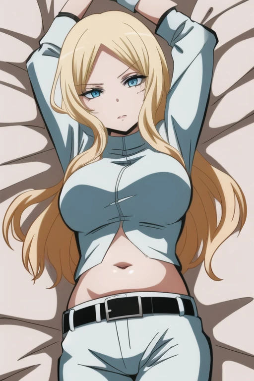 best quality,ultra high res, 1girl,IrinaJelaviÄR4,blonde hair, blue eyes, simple background, midriff, belly button, belt, white suit, both arms up, stretching, laying on bed, horror