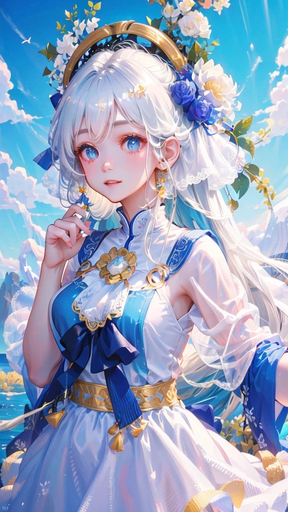 one-girl，A white flower is inserted on the head，Blue-white color hair，white  clothes，blue-sky