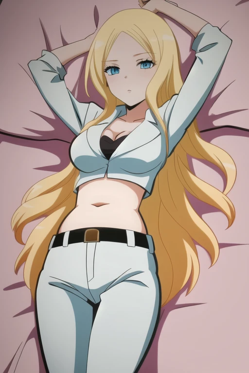 best quality,ultra high res, 1girl,IrinaJelaviÄR4,blonde hair, blue eyes, simple background, midriff, belly button, belt, white suit, both arms up, stretching, laying on bed, chubby belly, full belly