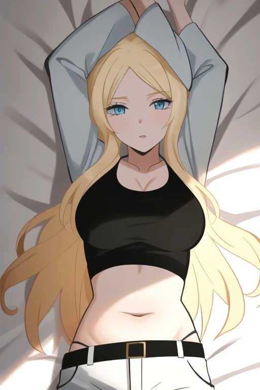 best quality,ultra high res, 1girl,IrinaJelaviÄR4,blonde hair, blue eyes, simple background, midriff, belly button, belt, white suit, both arms up, stretching, laying on bed, chubby belly, full belly