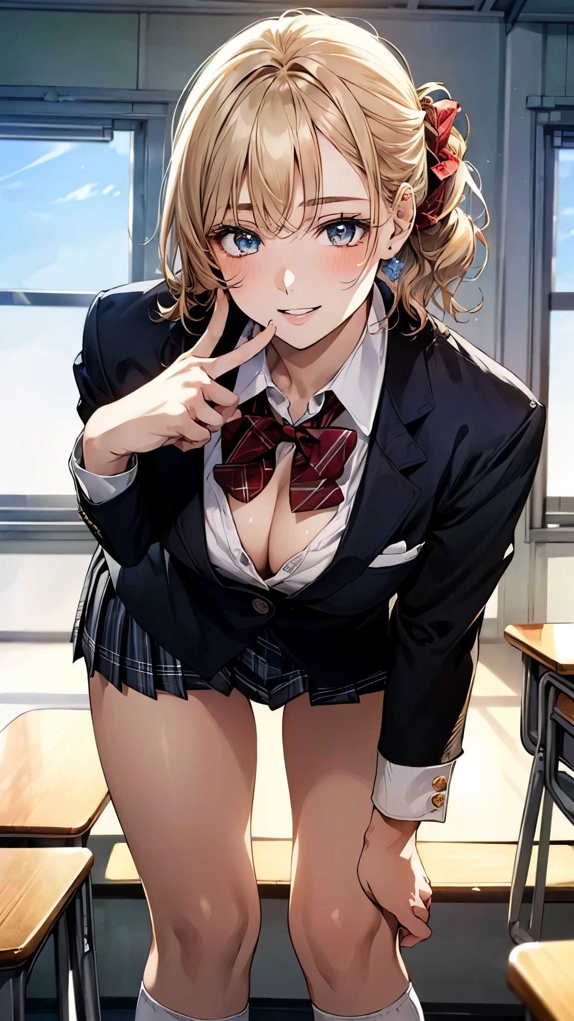 (masterpiece:1.2, top-quality), (realistic, photorealistic:1.4), beautiful illustration, NSFW,
looking at viewer, cowboy shot, front view:0.8,
1 girl, japanese, gal,high school girl, blonde hair, (short hair:1.4), (bob hair:1.2), bangs, hair between eye, blue eyes, large breasts:1.0, (thick thighs,cleavage),
beautiful hair, beautiful face, beautiful detailed eyes, beautiful clavicle, beautiful body, beautiful chest, beautiful thigh, beautiful legs, beautiful fingers,
(beautiful scenery), dawn, bright and refreshing classroom, desks, chairs, curtains,
((navy blazer, collared shirt,pleated miniskirt, navy blue socks, private school uniform:1.2)), white bra,white panties,all fours on the floor,
(swollen), ((seductive posture: 1.2, attractiveness: 1.2)), (idle),
(erotic,sexy, upper eyes, smiling smile: 1.2), shiny skin, open mouth, (put her finger on one's lips),
perfect face, erotic smile,cute and symmetrical face, natural side lighting, movie lighting),