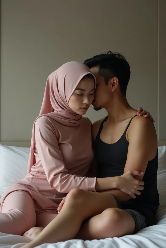 (1 gorgeous malay girl wearing lingerie and arm sleeve, wearing plain hijab, she is hugging 1 handsome man 40 years old with slick back hair, he is shirtless and wear shorts) he rubs her crotch against her, dynamic pose, ultra realistic, masterpiece, maximum quality, detailed skin texture, skin pores, film grain, eyes closed, skin marks, moles, highly detailed skin, fantasy flower garden, (flowers blooming densely in background), lisianthus, pale pink and light azure color grading, surreal and dreamy environment, ethereal foliage, high contrast, ink strokes, over exposure, abstract, (watercolor painting by John Berkey and Jeremy Mann, brush strokes), flower petals and leaves flying blown by wind, film grain, film noise, cinematic composition ((STRONG SEXUAL DESIRE))