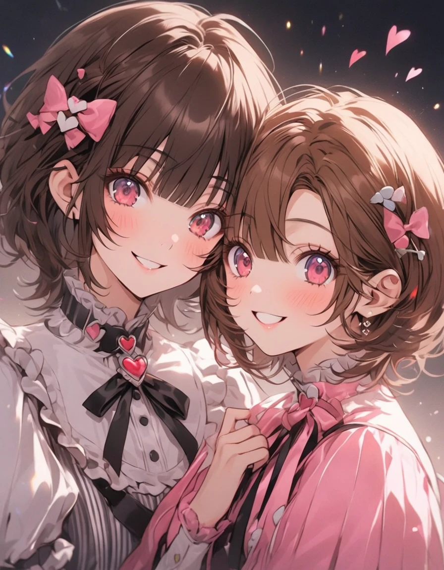 masterpiece, best quality, highres, (Conjoined_dicephalus), (2 heads:1.2), two heads, (1 body:1.5), 2 girl, solo, 2 legs, 2 arms, conjoined twins, solo, huhehe, green eyes, brown hair, short hair, dress, frills, microphone, green_bow, green_choker, holding, holding_microphone, green_bowtie, white_ribbon, bare_shoulders, frilled_dress, wrist_bow, collarbone, green_dress, upper_body, frilled_sleeves, strapless_dress, maruyama_aya_bangdream, pink_hair, bangs, pink_eyes, blush, smile, open_mouth, bow, ribbon, twintails, sidelocks, long_hair, hair_ribbon, hair_bow, choker, dress, frills, microphone, pink_bow, pink_choker, holding, holding_microphone, pink_bowtie, white_ribbon, bare_shoulders, frilled_dress, wrist_bow, collarbone, pink_dress, upper_body, frilled_sleeves, strapless_dress, happy, cowbow shot, outdoors, forest