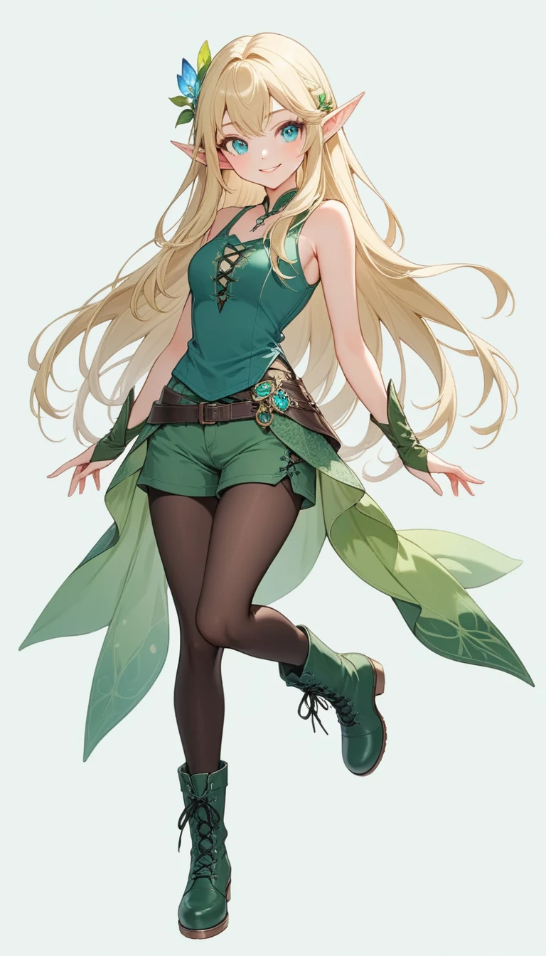 1 elven lady, solo, full body, smile, blonde long Hair, Azure eyes, Pointy Ears, green Sleeveless tank top, green shorts, black pantyhose, thigh, green lace-up boots, simple background