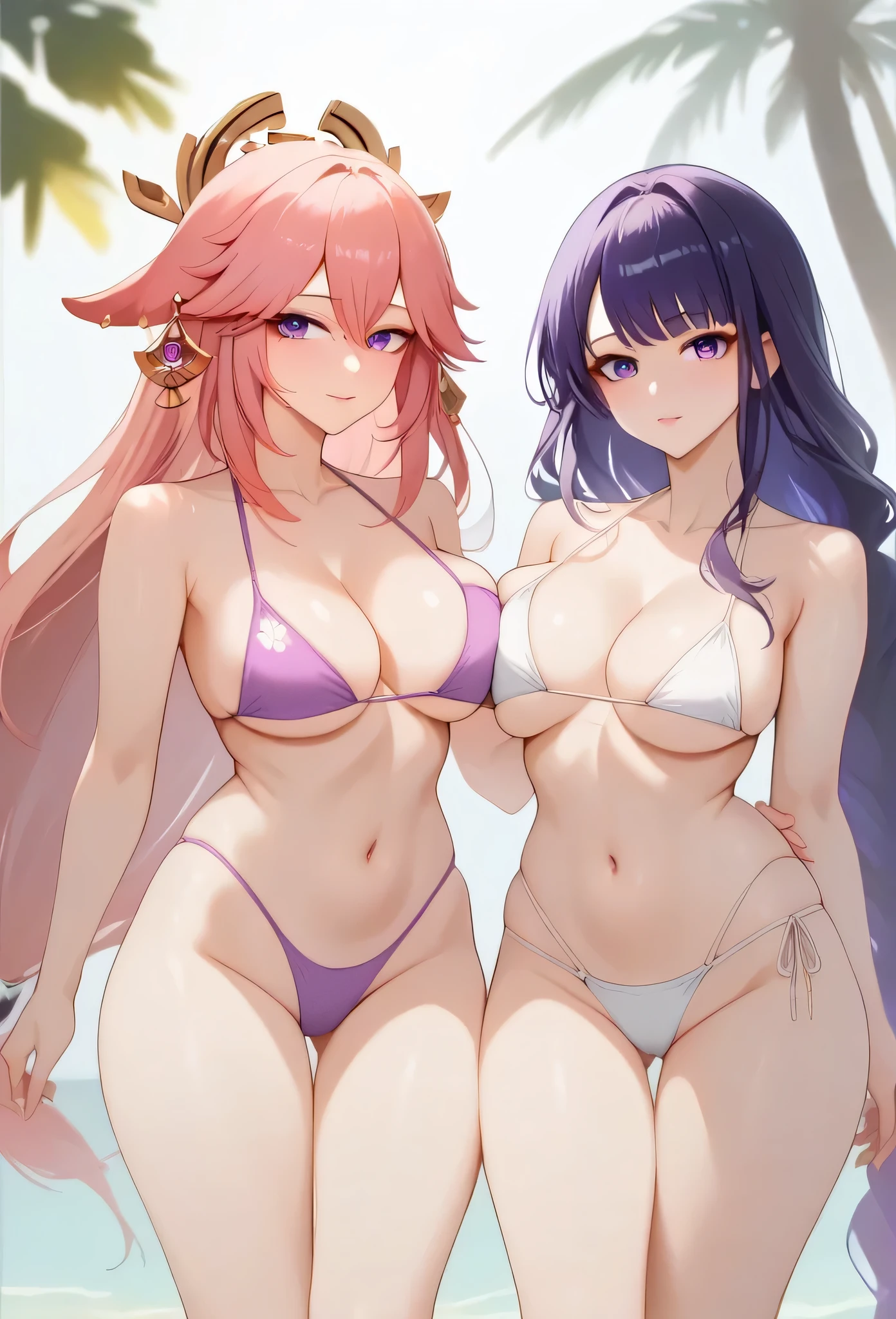 yae_miko, standing, high thighs, big thighs, high chest, big chest, in pink tight bikini, raiden_shogun standing, high thighs, big thighs, high chest, big chest, in purple tight bikini, 2 girls, yae_miko and raiden_shogun, their sweaty chests colliding. 