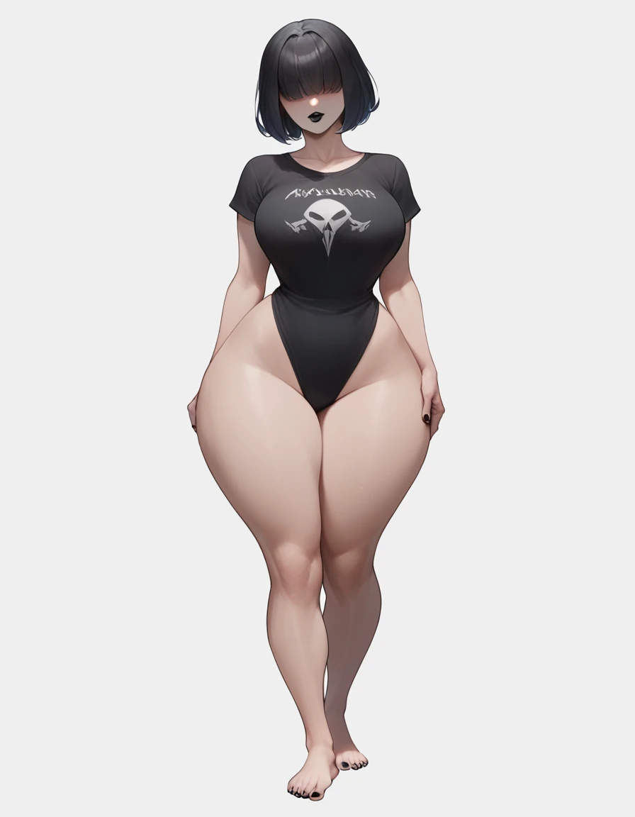 very wide hips)), (huge thighs, very big thighs), big breast, young girl, Pullover, whole body to see, lace short hair, big thighs, big breast, platform heels , thin waist, fullbody, standing, front pose, high cut leotard, sleveless, shoulderless, rígid face mask,