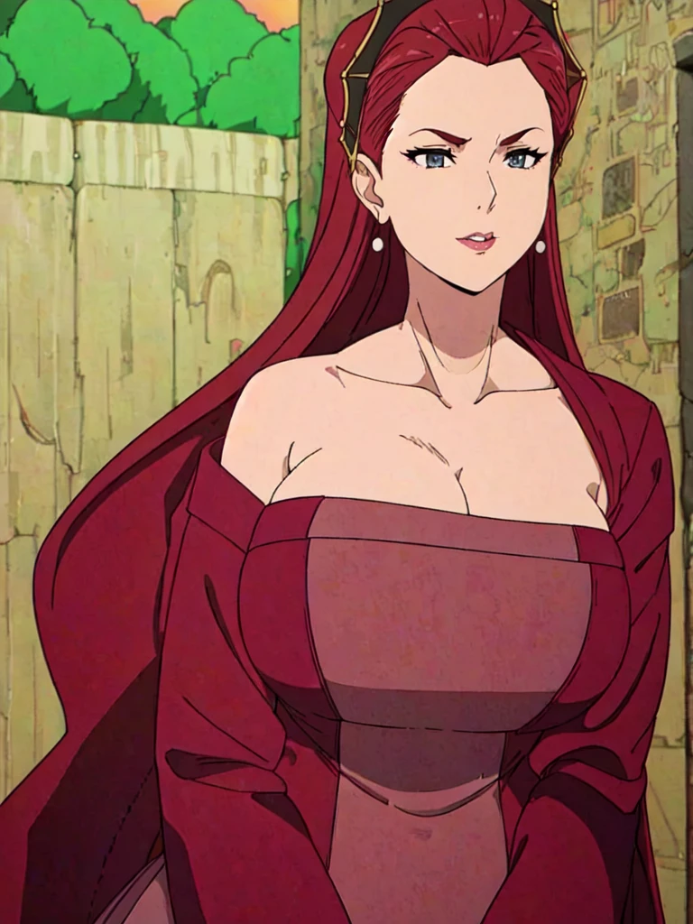 ((Farmer outfit with cleavage)), maroon hair, Gilf, busty, huge, cleavage, detailed, upperbody, wringkle skin,Sagging breast,Fullbody view,wedding ring,Smile,((Wedding Ring)),Detailed body,Hyper Quality,Sign of Aging,Curvy figure,Bloated belly,Skindentation,Wringkle in face,((Colorless lips)), Gorgeous and sultry busty athletic (thin) peasant with sharp facial features wearing a modest updo, messy bun, medieval cap, (wimple), shawl, coarse wool dress, rough-spun grey and brown medieval dress, long sleeves, wide neck, long dress, tight bodice, corset, Middle Ages, cottage, farm, exterior, trees, countryside, evening, sunset,blue drop earring,Wedding ring,slicked bang hair,Solo,1girl